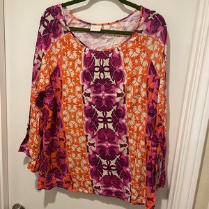 Chico’s Scoop Neck Orange and Purple Print Long Sleeve Tee Shirt Blouse